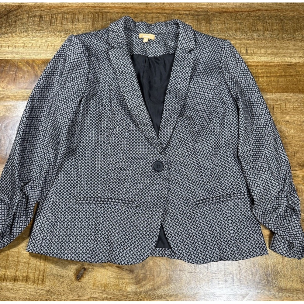 Takara Blazer Womens XL Black White Geometric Career Jacket Stretch Office